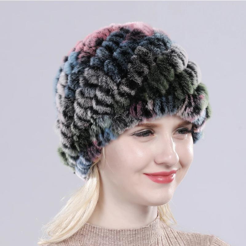 Hot Sale Russian Lady Natural Real Rex Rabbit Fur Hats Women Knitted Outdoor Rex Rabbit Fur Hat New Warm Real Fur Caps