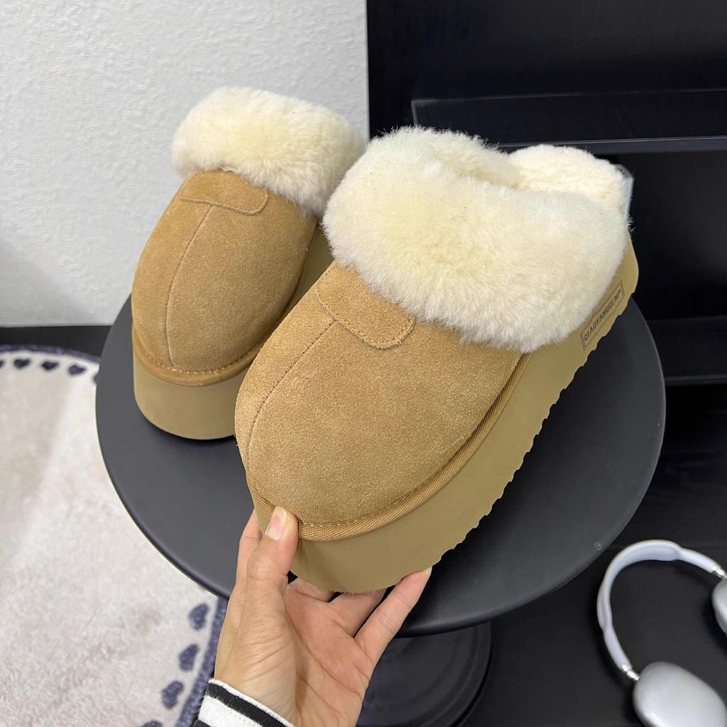 Leder-Plateau-Schnee-Boots Damen Winter Neu Samt Verdickt Große Baumwollschuhe Ein Pedal Brot Baumwoll-Slipper