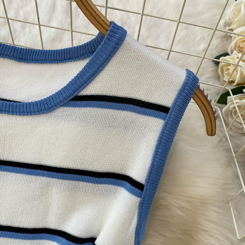 Casual Striped Crew-Neck Sleeveless Knit Top and High-Waisted Slimming Bodycon Midi Skirt Sets Summer Knitted Two Piece Sets for Women