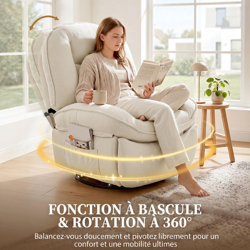 Chenille Reclining Armchair, 360 Degree Swivel, Side Pockets, Cream