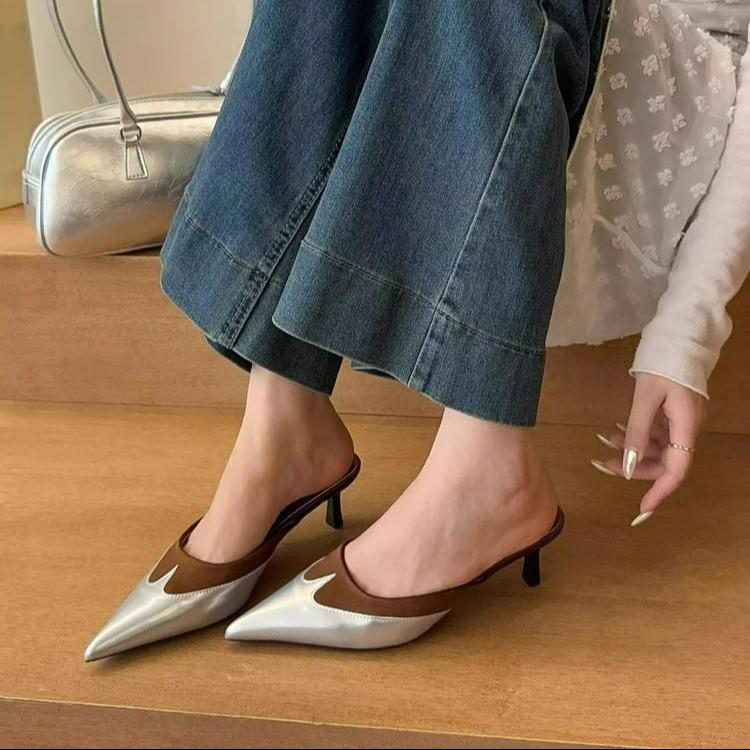 French temperament celebrity silver pointed 2025 foreign trade new stiletto heels light mouth color matching slippers bag head slippers