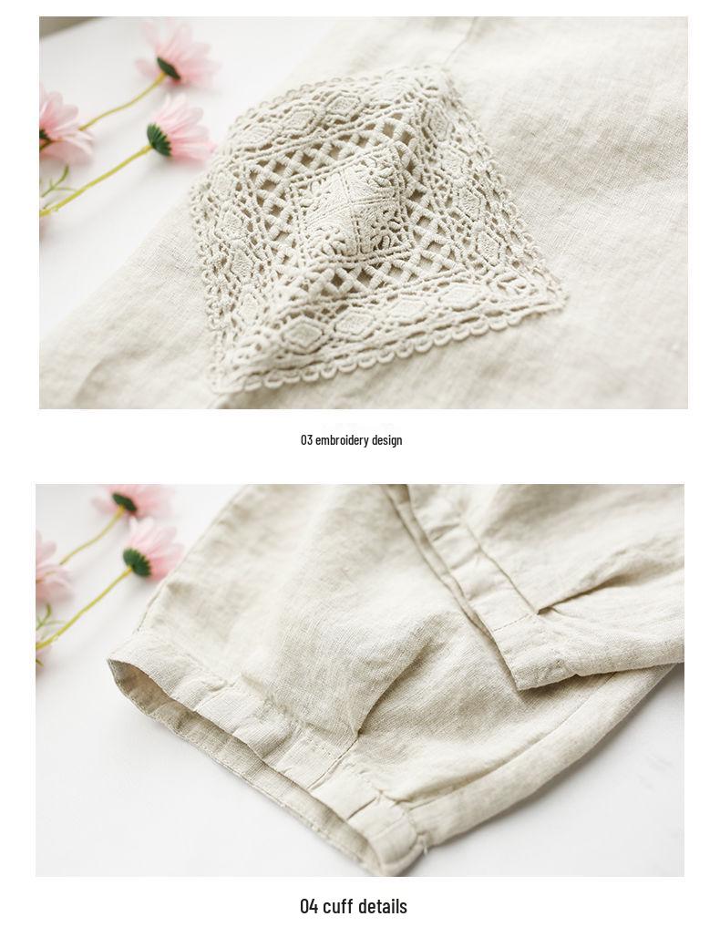 Women's Cotton & Linen Retro Harem Pants with Lace Trim - Large Size, Nine-Point Casual Style