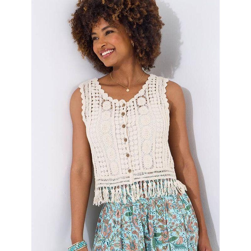 Small Fashion Lace V-neck Single Breasted Tassel Cut Out Crochet Knitting Cardigan Outer Wear Vest Sleeveless Tops