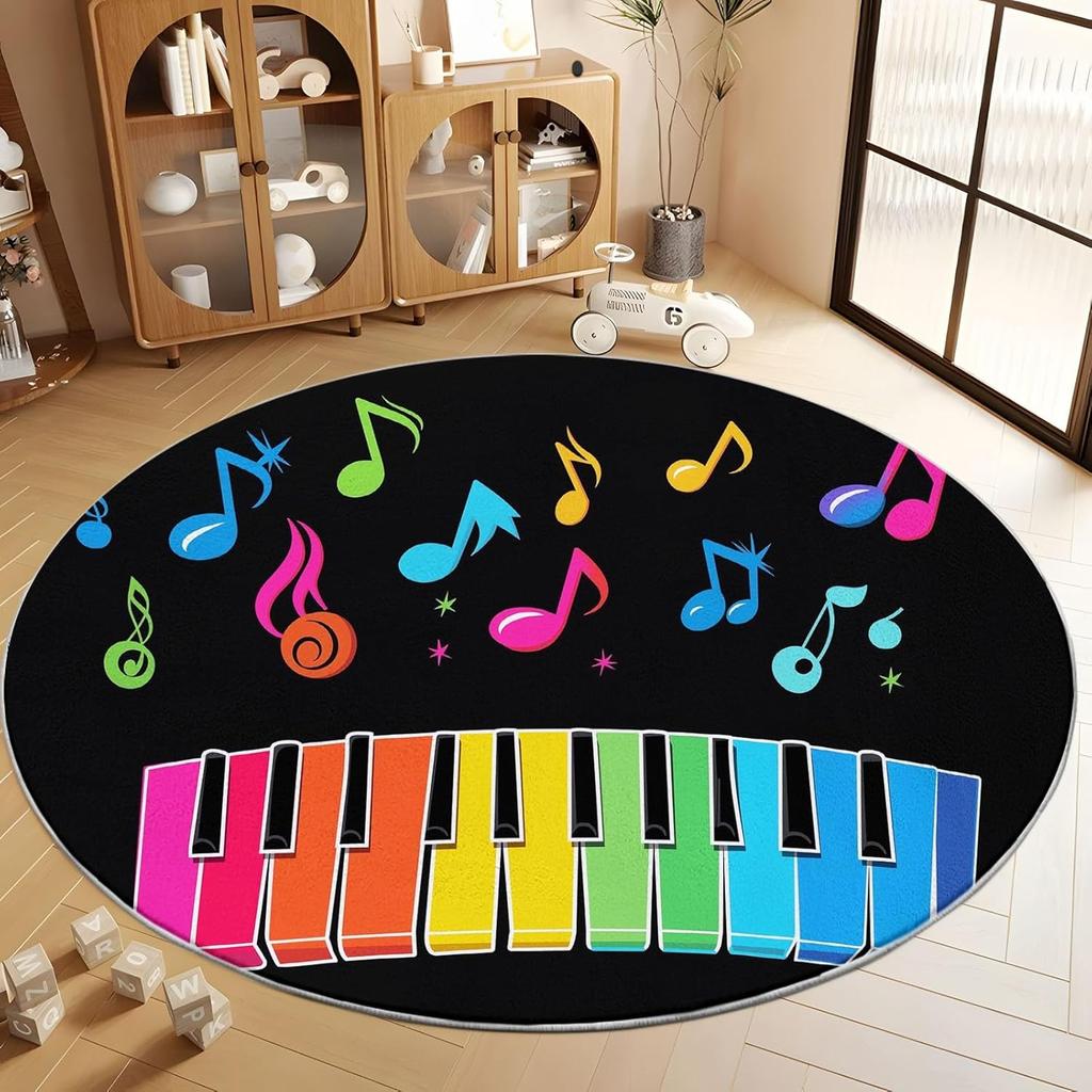 Music Color Piano Key Notes Print Round Area Rug,Cartoon Style Washable Circular Carpet Runner - Non Slip Circle Rug Carpet Mat