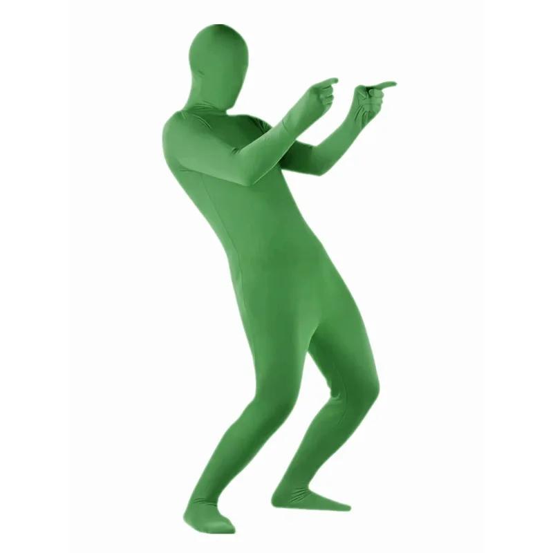 Erwachsene Kind Ganzkörper Kapuzenstrumpfhose Hohe Dehnbarkeit Grün Bühnenauftritt Reißverschluss Kostüm Halloween Unsichtbarer Mann Verkleidungskostüm