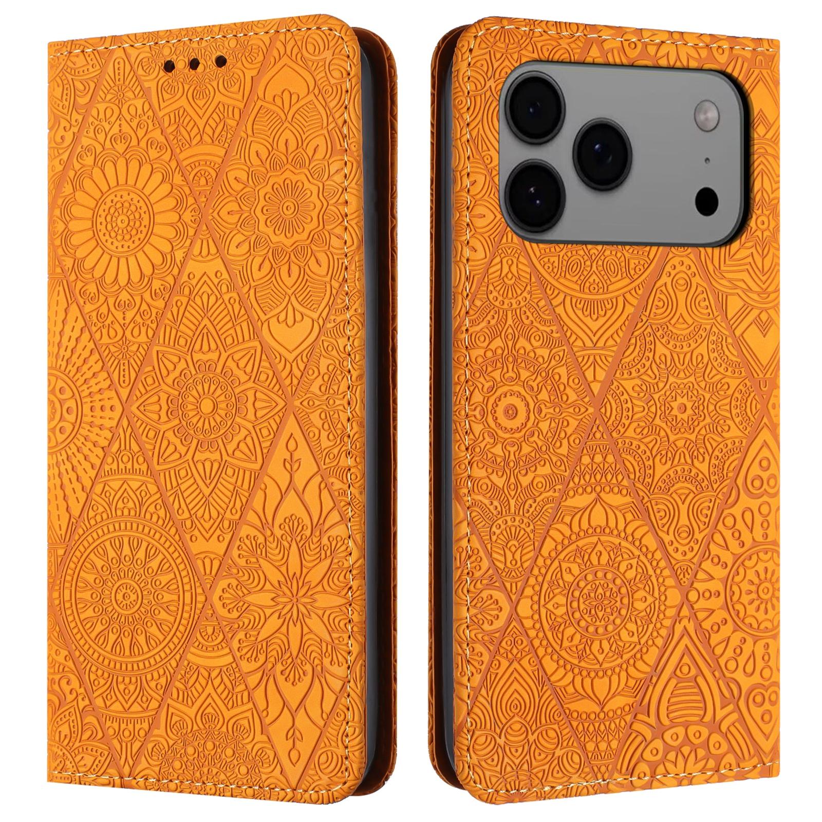 For iPhone 17 Pro Case Imprinted Flower Wallet Stand Leather Phone Cover B