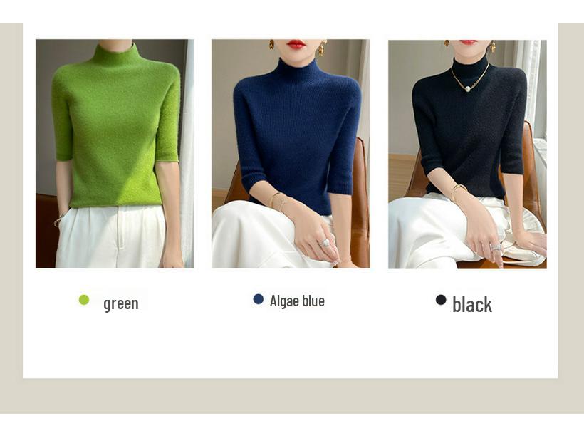 2025 Spring Women's Slim-Fit Mid-Neck Knitted Top with Five-Point Sleeves