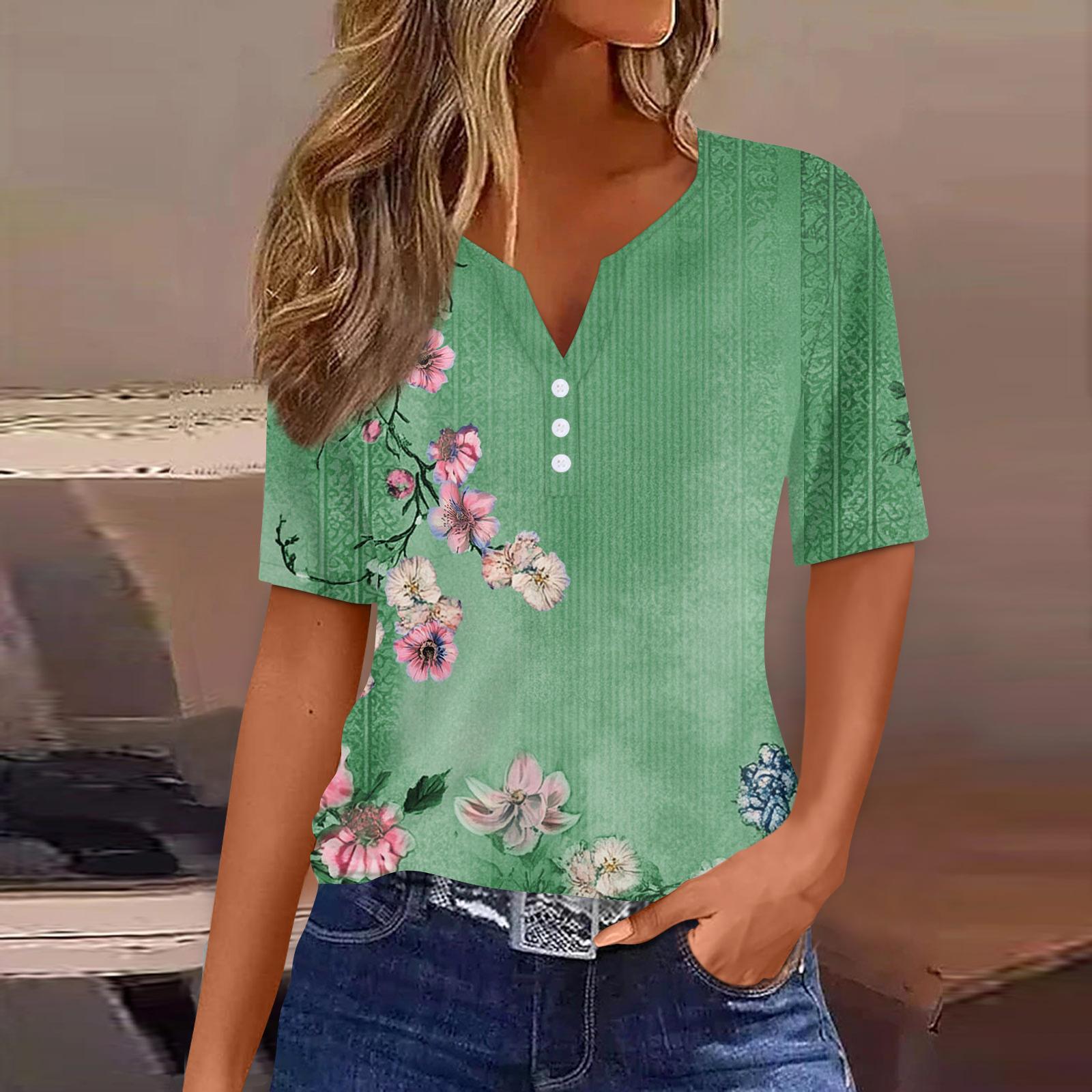 

Жен. Футболка С принтом Пуговицы С короткими рукавами Повседневные Выходные Мода Классический Классический V-образный вырез Обычный Топ S зелёный
