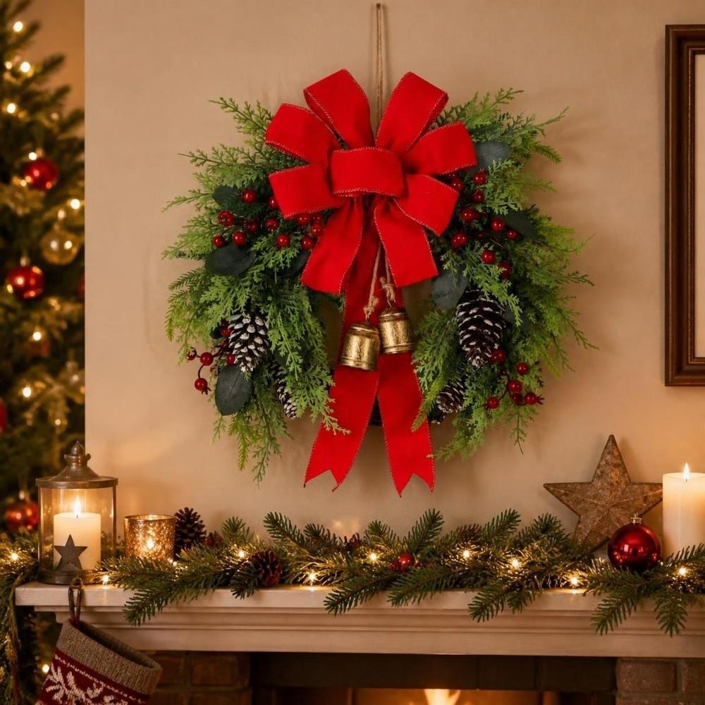 Bowknot Christmas Wreath Bell Hanging Wreath Decoration Artificial Berry Wreath Mantelpiece Decor