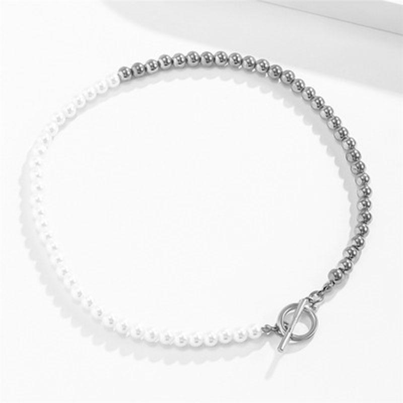 Asymmetrical European-American OT Buckle Necklace with Imitation Pearls and Two-Tone Clavicle Chain