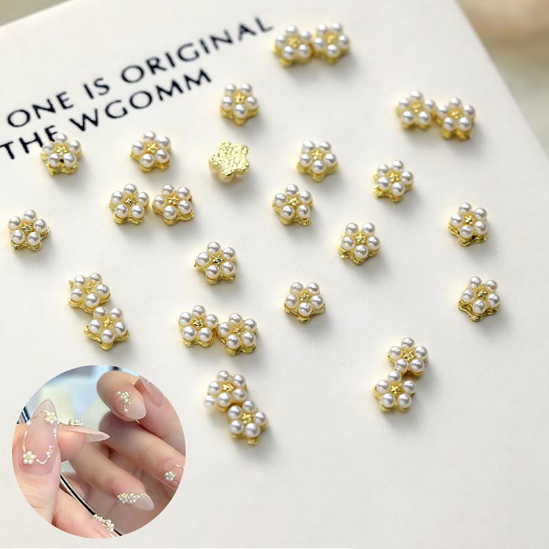 

5Pcs Alloy Flower With Pearl Nail Jewelry 3D Five-Petals Uv Changing Flower Nail Charms Manicure Nail Art Decoration
