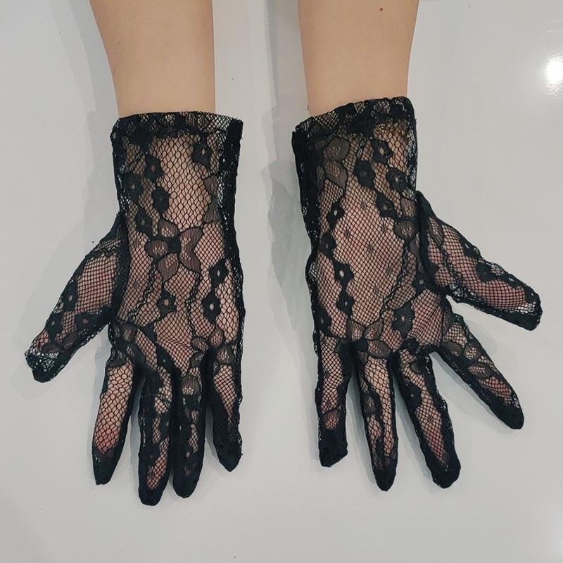 Sexy Black Hollow Mesh Gloves Sunscreen Thin Elegant Short Transparen Sheer Mittens Bridal Wedding Dress Gloves