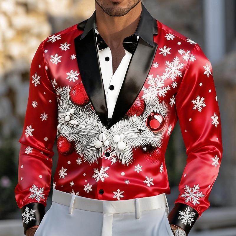 Christmas Men's Christmas Costume Suit Tie Printed Tuxedo Shirt Dress Shirt Long Sleeve Fashion Casual Outdoor Party Spring Fall