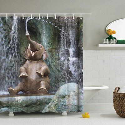 Cute Baby Elephant Shower Curtain Waterfall Scene Design Bathroom Decor Jungle Theme Waterproof Bath Curtain