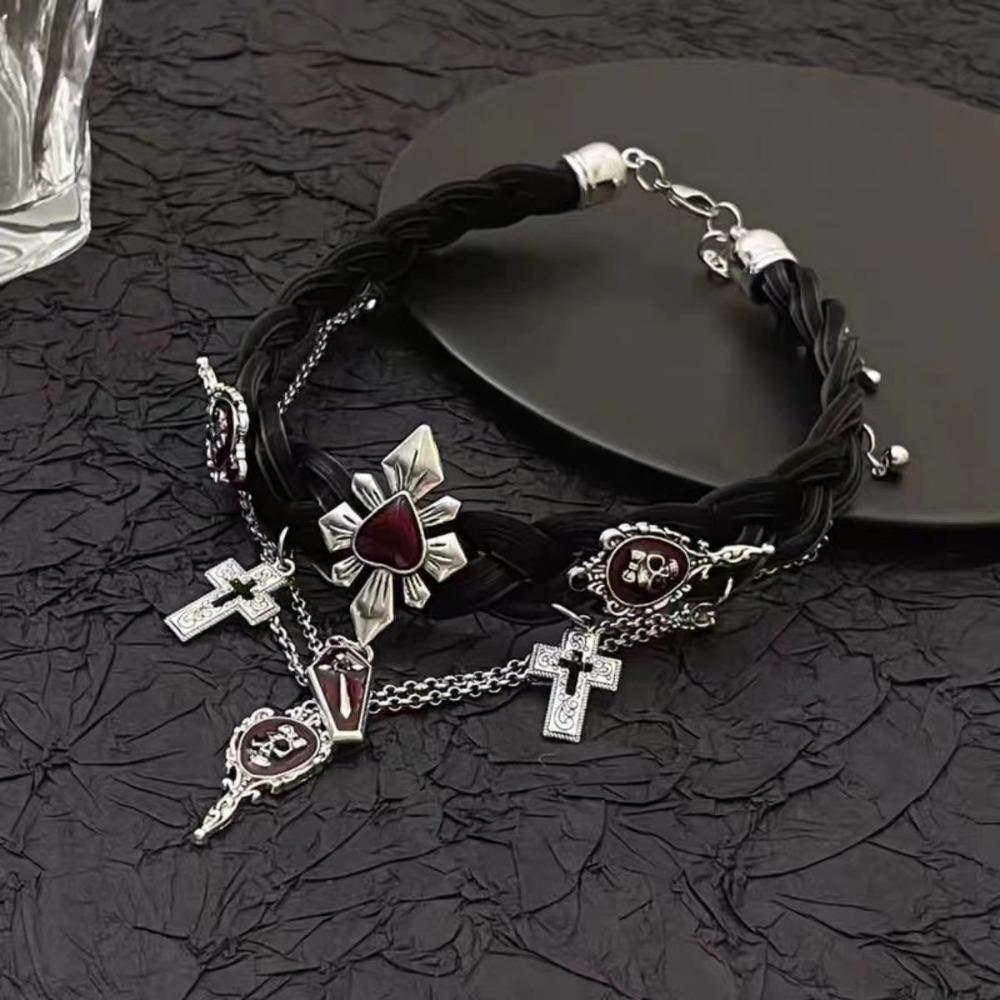 Punk Y2k Subculture Red Drip Glaze Skeleton Cross-tassel Black Leather Multi-layer Collar Necklaces for Women Halloween Jewelry
