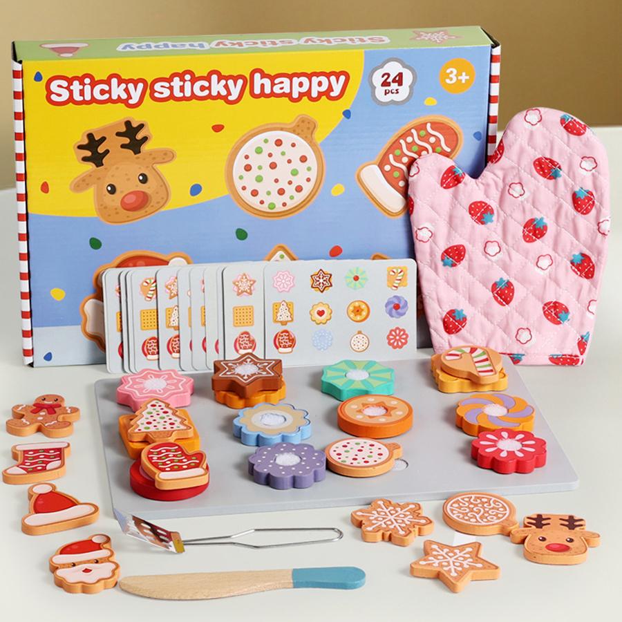 

Playset Accessories Wooden Kitchen Pretend Play Set Montessori Simulation Food Sticky Game Kitchen Toy for Toddlers Gifts