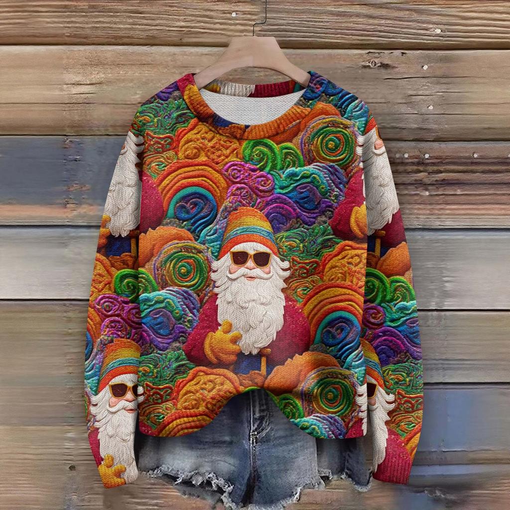 Long Sleeve Pullover Sweaters For Women O Neck Casual Cute Printing Knit Oversized Sweater