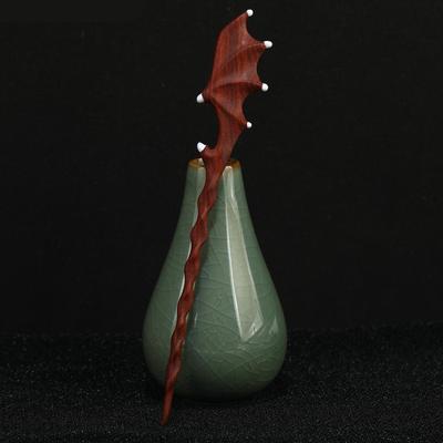 Red Sandalwood Dragon Wings Hairpin: Ancient-Style Wooden Hairpin with Tassel, Chinese Qipao Hair Accessory.