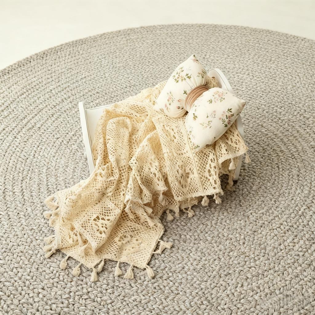 Neugeborenen Vintage Spitzenquasten-Decke - Quadratisches Design Baby-Empfangsdecke Praktischer Hohlkorb-Füller & Foto-Requisiten