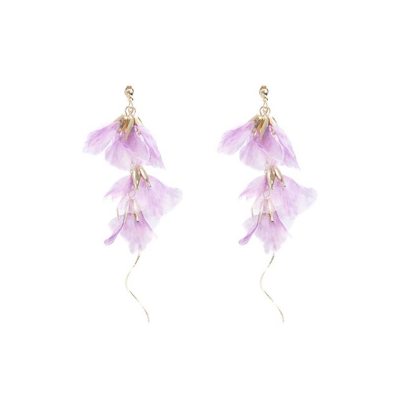 Purple Flowers Mesh Long Tassel Earrings for Women Sweet Temperament Crystal Drop Dangle Earring Party Wedding Jewelry Wholesale