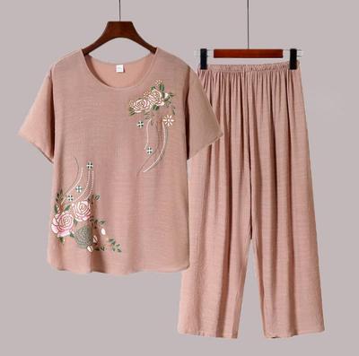 Senior Women's Cotton Linen Pajama Set: Short-Sleeved, Two-Piece Summer Outfit for Moms and Grandmas