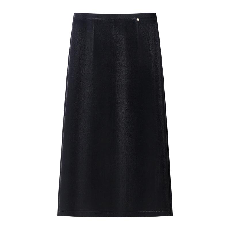 

2024 Black Gold Velvet High-Waist Midi Skirt for Women - Autumn/Winter Style M чёрный