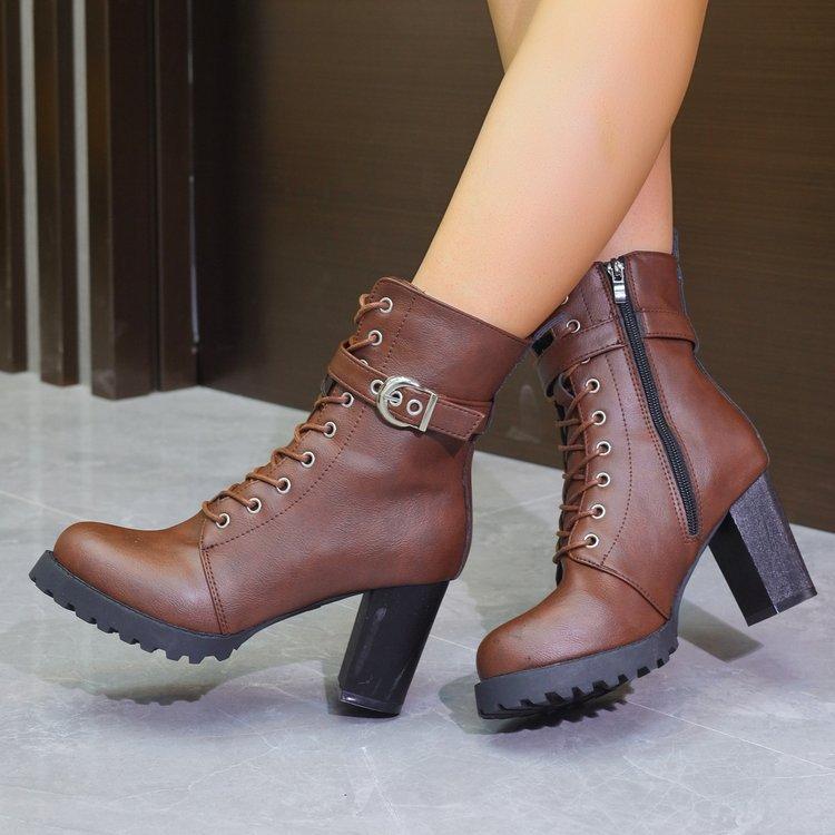 Large size lace-up fashion boots autumn and winter new high-heeled side zipper buckle belt low tube round head women's boots
