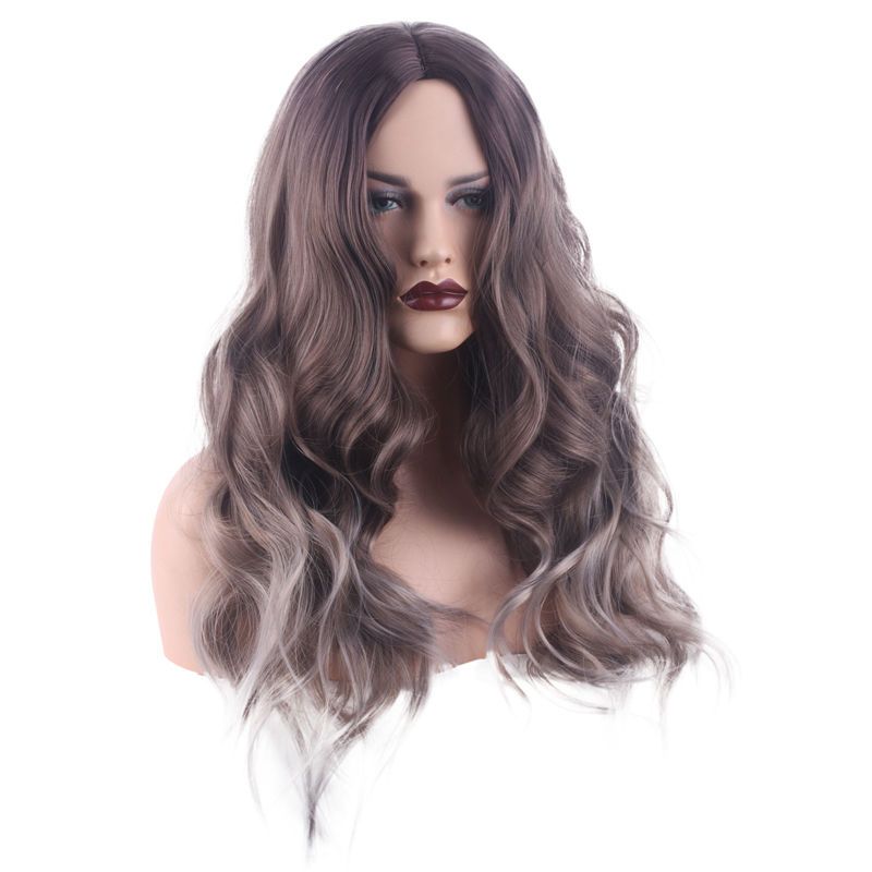Synthetic Fiber Wigs Woman, Long Curly Hair, Parted with Bangs, Black and Gray Mixed Color Wigs