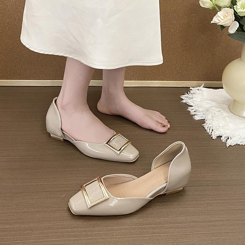 2025 New French Square Head Single Shoes Flat Summer with Skirt Shallow Mouth Hollow One Pedal Fairy Style Grandma Shoes
