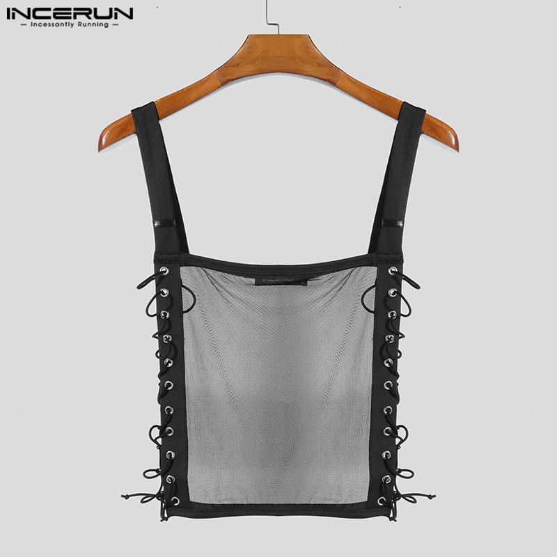 INCERUN Men Strap Sleeveless Mesh Sheer Patchwork Bandage Slim Cropped Tank Tops