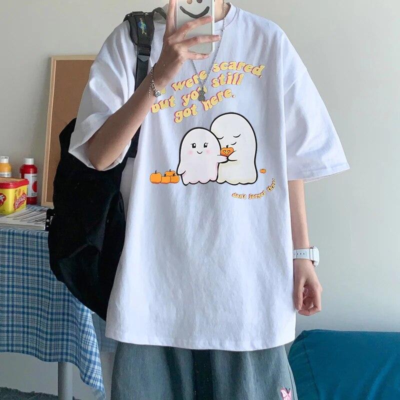 WoUnisex Moda Bonito Fantasma Desenho Animado T-shirt Meninos Meninas Grandes Roupas Streetwear Verão Preto Algodão Manga Curta T-shirts