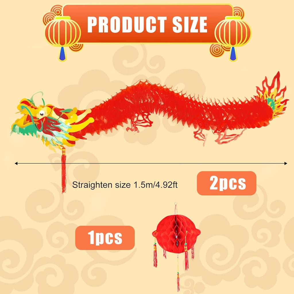 2pcs Chinese New Year Dragon, Chinese Dragon Garland Hanging Decoration with 1 Lantern for Spring Festival Lunar New Year Party Home, Shops,