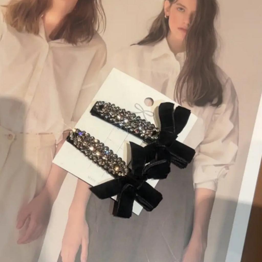 2PCS Black,Velvet,Hair Clips,Hair Clips,Glitter Diamonds,Premium,Rhinestones,Bow,Duckbill Clips,Forehead,Shattered Hair Clips,Ba