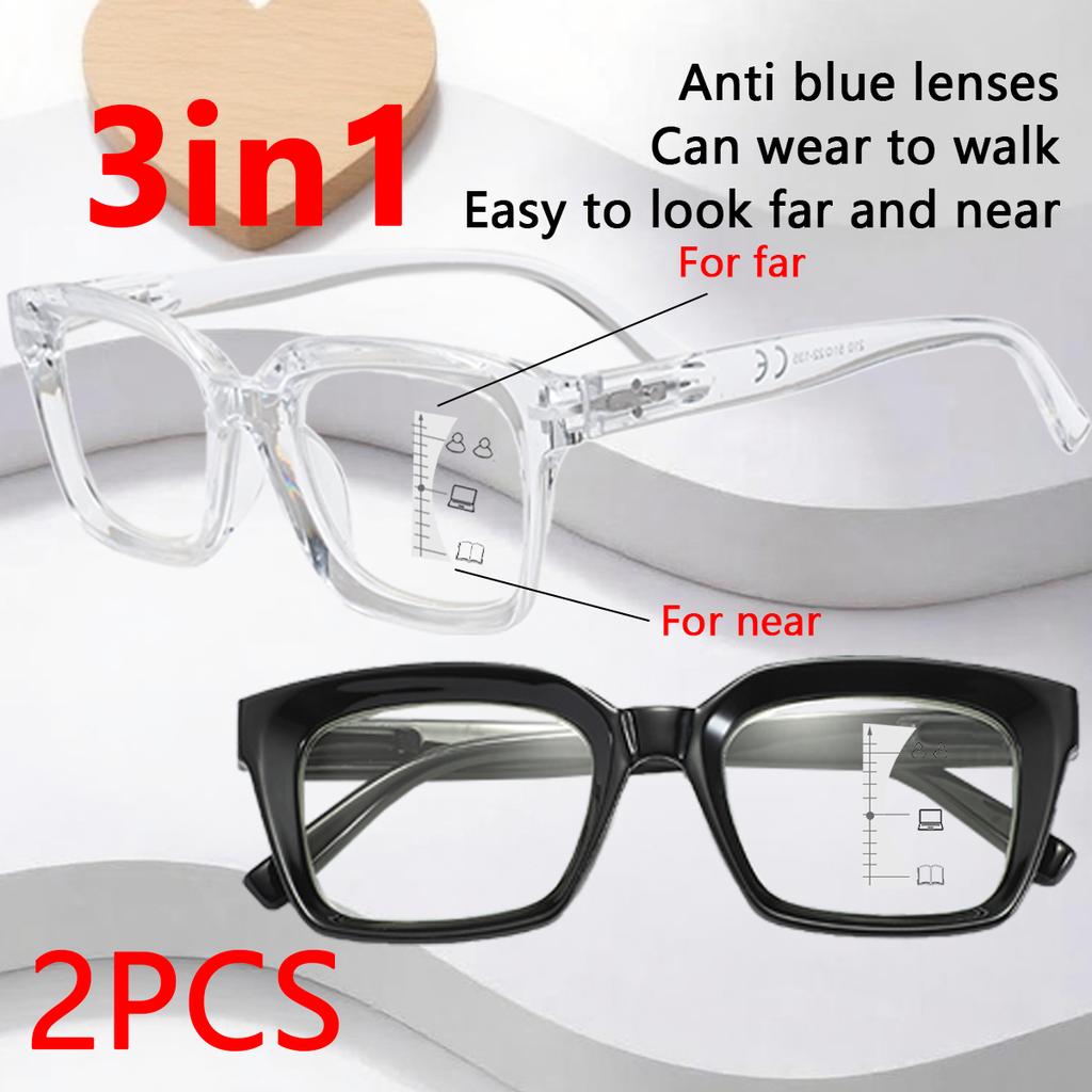 2PCS Progressive Prescription Glasses Men Square Anti Blue Light Eyewear Optical Reading Glasses +1.0 To +3.0 Diopter