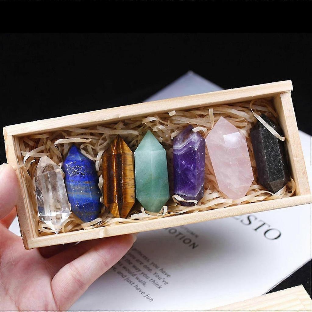 Double Points Natural Crystal Stone Pillar 7 Pcs Wooden Gift Box Packaging Set Healing Crystal Wand For Home Bedroom