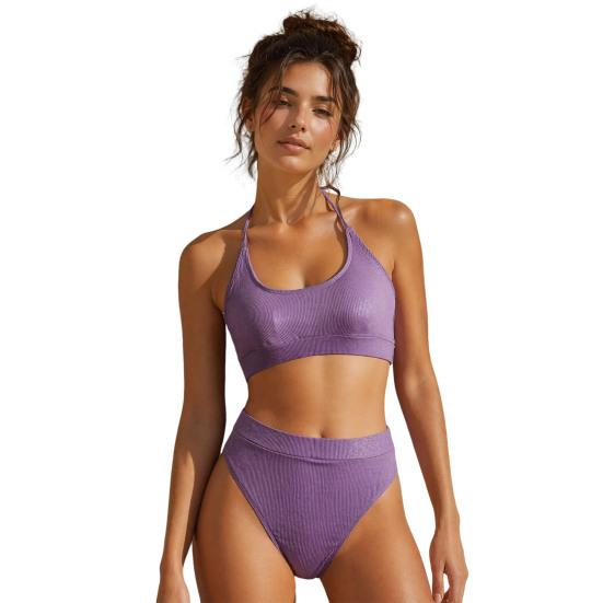 2 Stück/Set Sommer Geripptes Bikini-Set High-Waist Bauchkontrollierende Unterteile U-förmiger Rücken Neckholder BH-Set Schnelltrocknende Elastische Bademode