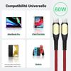 3x Câble USB-C vers USB-C 60W pour Samsung Galaxy A24 A23 A22 A03s A04s A12 A13 A14 - Nylon Tressé Rouge 1M