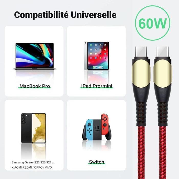 3x Câble USB-C vers USB-C 60W pour Samsung Galaxy A24 A23 A22 A03s A04s A12 A13 A14 - Nylon Tressé Rouge 1M