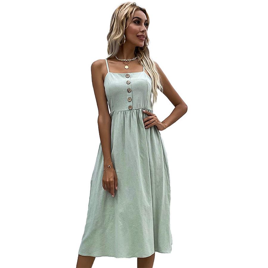 Clothing Women's Summer Strappy Dress Slim Fit Pure Color Cotton Linen Dress