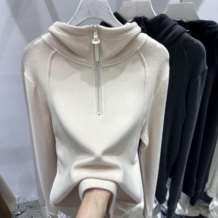 270g Thickened Korean Style Hooded Brushed Base Layer Shirt for Women - Autumn/Winter 2025