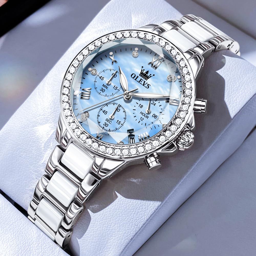OLEVS Women's Watch Quartz Japanese Movement Multifunction 60-Minute Chronograph 12-Hour Subdial Date Luminous 30m Waterproof Stainless Steel Ceramic