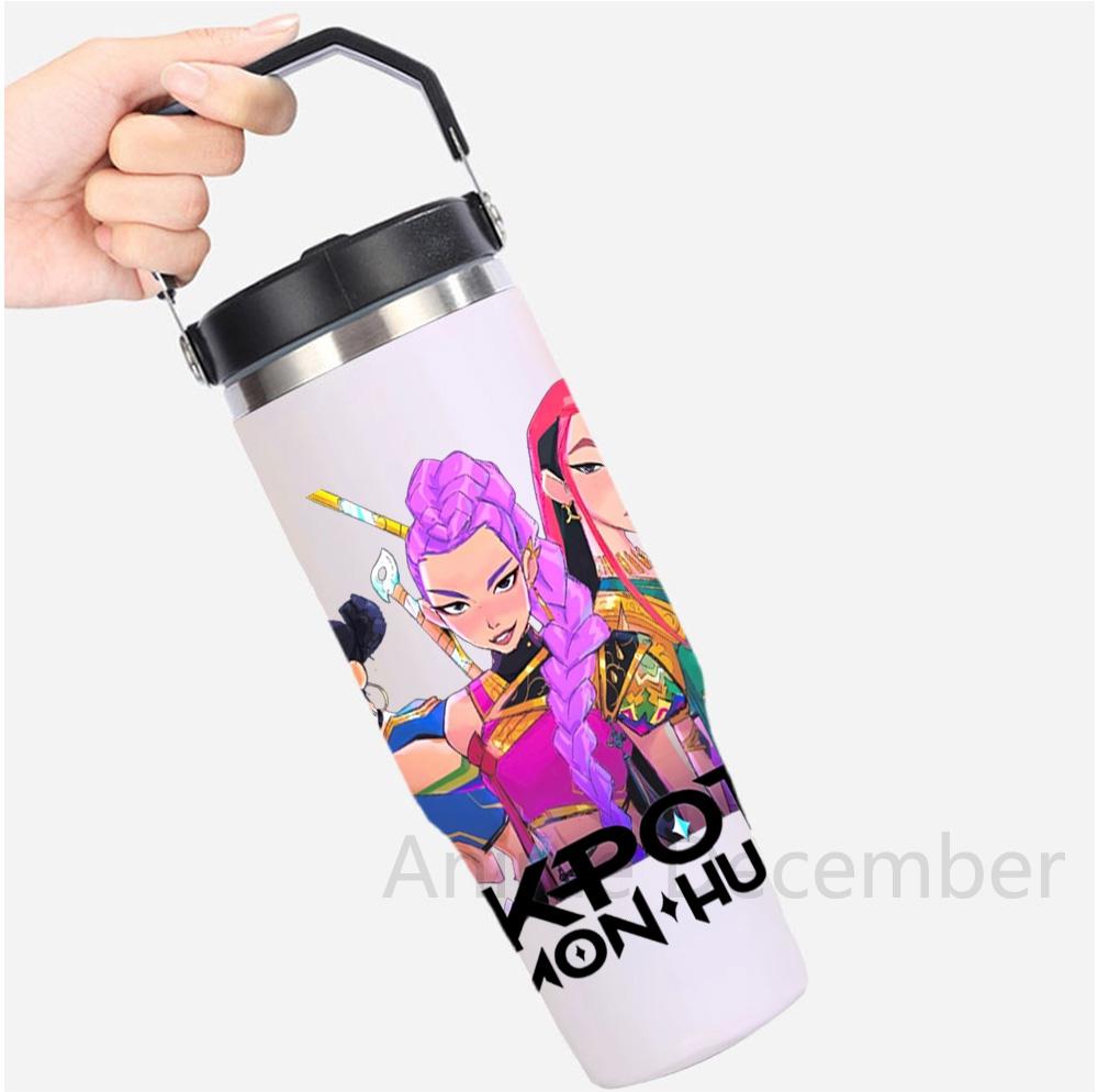 30Oz Anime K-Pop Large Capacity Portable Car Cup Stainless Steel Thermos Cup with Straw Handle Travel Sports Water Bottle Vacuum Flask