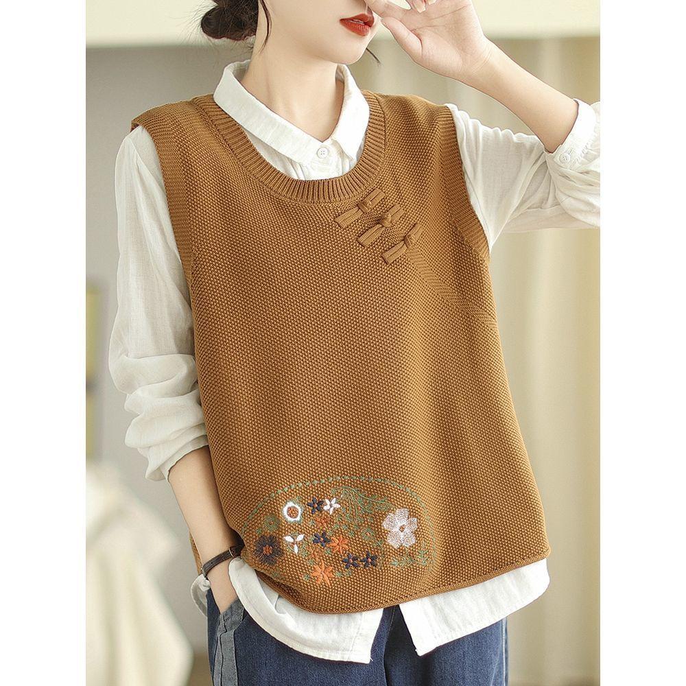 

Женский свитер с круглым вырезом весна-осень без рукавов с вышивкой на пуговицах свободный универсальный трикотажный топ XXL оранжевый