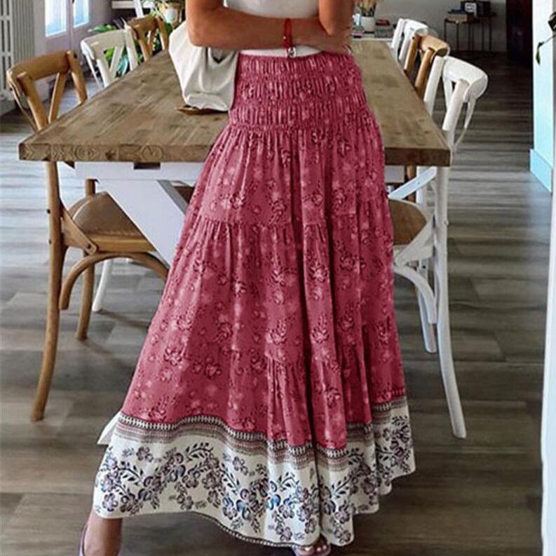 Women Fashion Plus Size 5XL Skirts Summer Boho Long Skirt Floral Printing Wrinkle Skirt