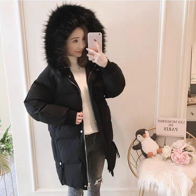 Women's Mid-Length Winter Cotton Jacket with Fur Collar - Korean Style Loose Fit, Plus Size Available