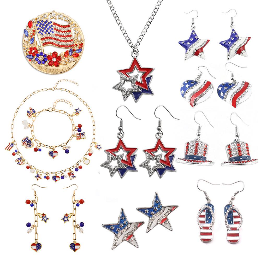 American Flag Jewelry Set: Star-Spangled Banner Necklace & Earrings for Independence Day