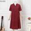 ZANZEA Women Casual Button Round Neck Short Sleeve Plaid Print Dress