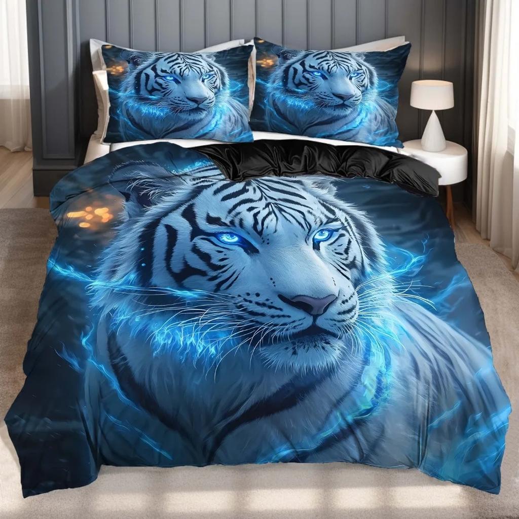 3Pcs Fashion Bedding Set Blue Tiger 3D Print Comfortable Breathable Duvet Cover King Queen Twin Single Size Boys Birthday Gift