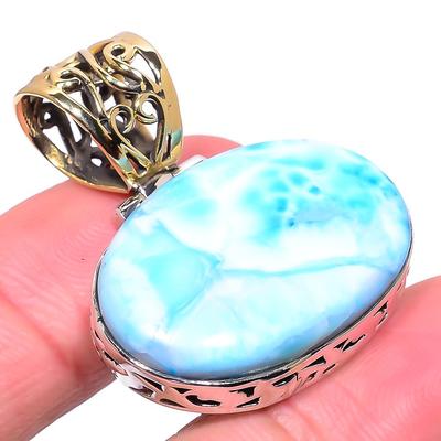 Natural Republic Larimar 925 Solid Sterling Silver Tow Tone Pendant 1.42" Z4N87