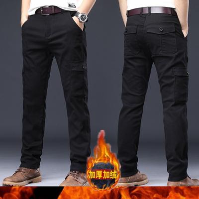 Men'S Plush Thick Elastic Pure Cotton Work Pants Straight Leg Multi Pocket Casual Outdoor Sports Durable Hiking Pants